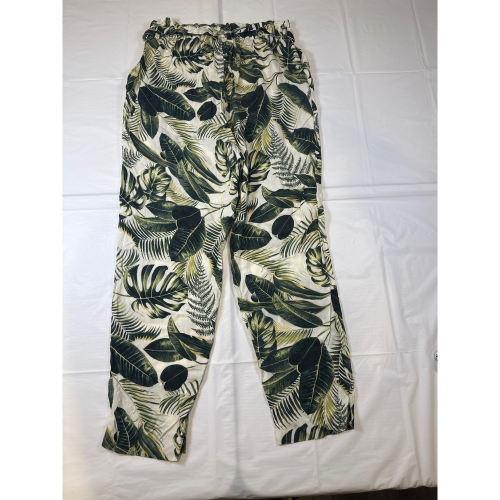 HM Tropical Leaf Print Paperbag Waist Pants Green White Viscose Size 10 NWT - Picture 2 of 8